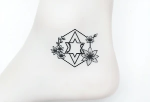 Hexagon Leo symbol larkspurs and water lilies tattoo idea
