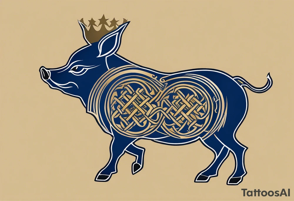 Side profile, Celtic, tribal, wild boar, On a Chatwin family crest with blue background, two gold stars, and a gold Chevron, and a Thistle. With bold black tribal lines. ancient Celtic, tribal boar tattoo idea