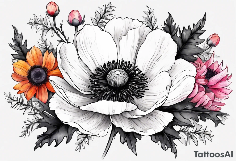 a white anemone with black center with thistles, ferns, sun flowers, red flowers, pink flowers, orange flowers, yellow flowers in watercolor tattoo idea