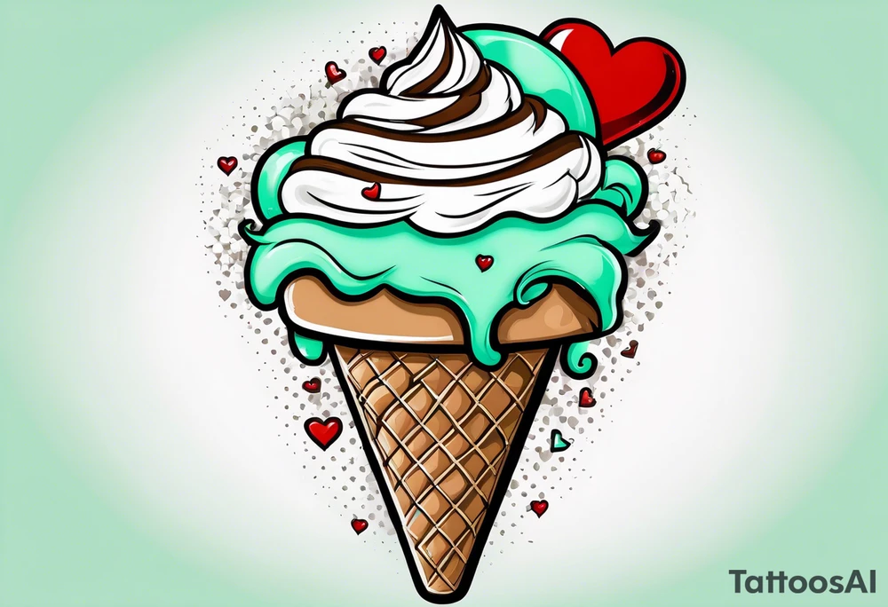 simple mint chocolate chip ice cream cone with small red heart on it somewhere. tattoo idea