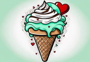 simple mint chocolate chip ice cream cone with small red heart on it somewhere. tattoo idea