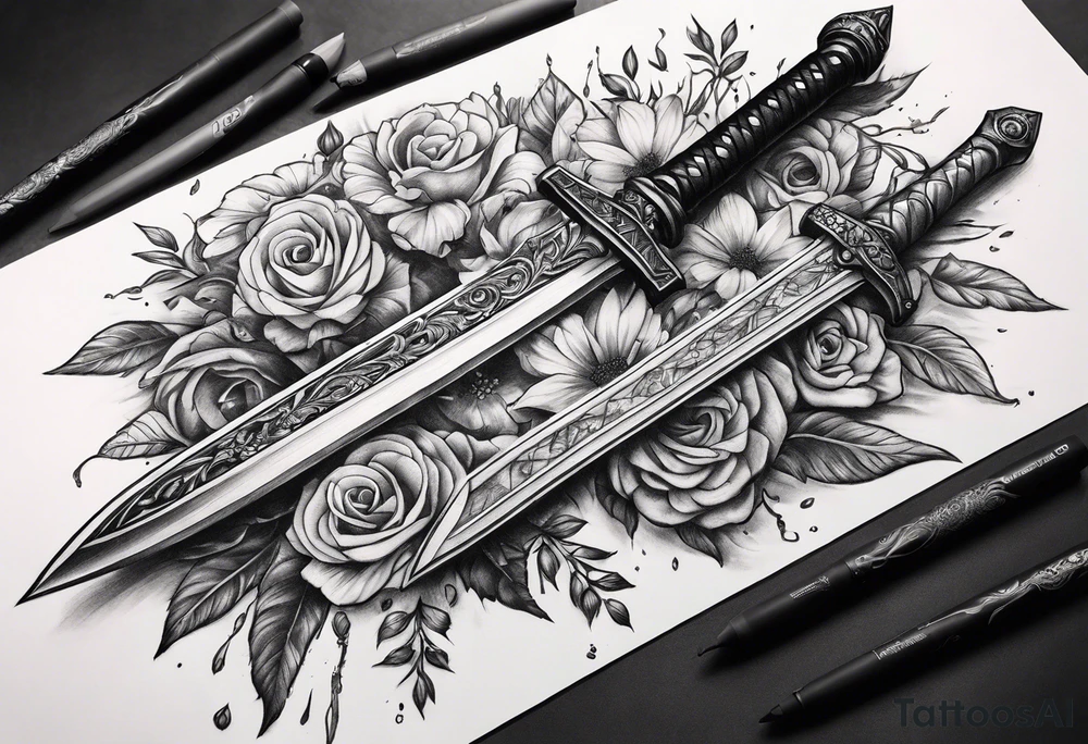 bloody sword with flowers tattoo idea