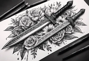 bloody sword with flowers tattoo idea