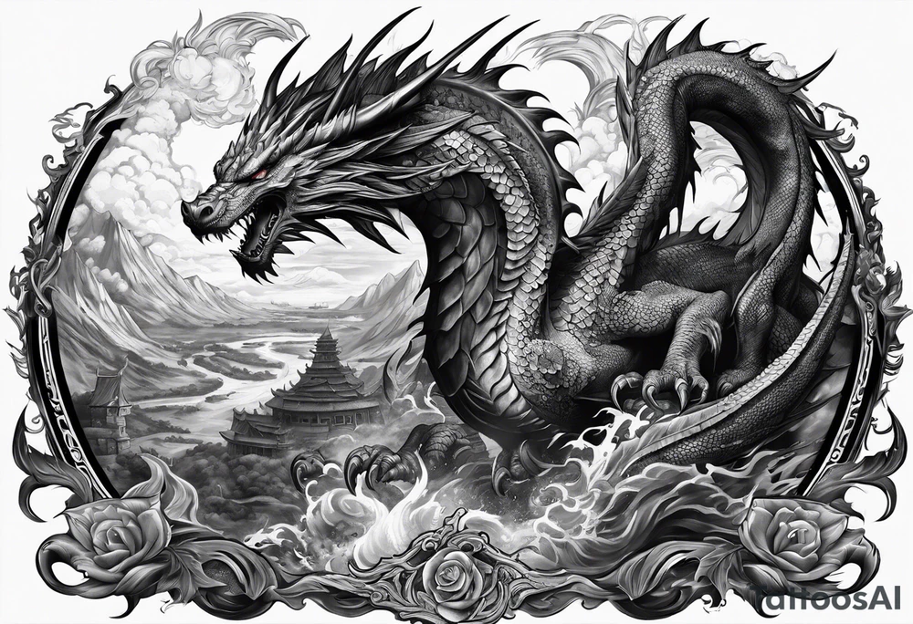 War scene, ancient times with dragons tattoo idea