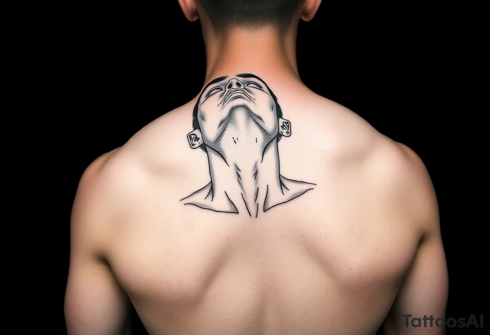 a naked man covered his eyes and mouth and looking up the sky for front arm tattoo idea
