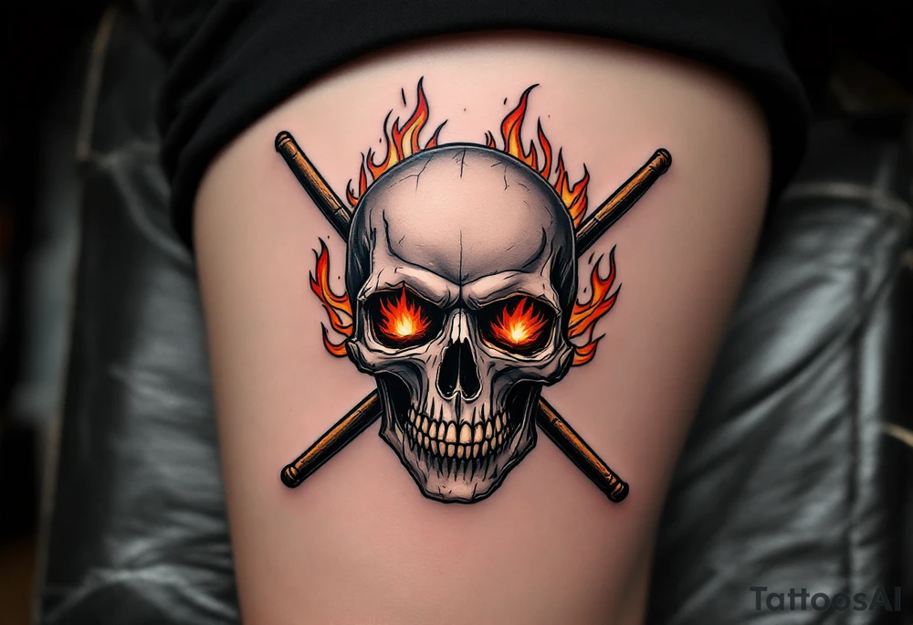 Drumsticks and Skull – A black and gray tattoo of crossed drumsticks behind a skull, with pops of red and orange flames coming from the skull's eyes, symbolizing the intensity and fire of rhythm. tattoo idea