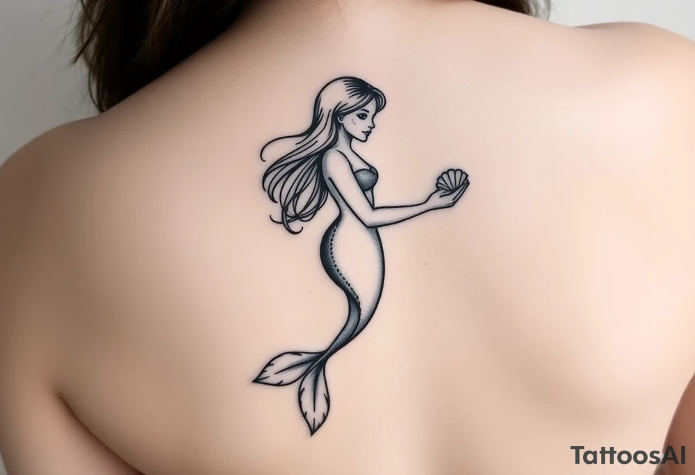 Mermaid tattoo full body soft face light grainy holding a shell in hand tattoo idea