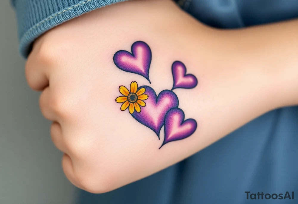 simple with Purple Hearts with yellow daisy. tattoo idea