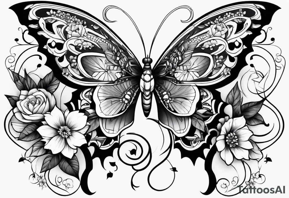 Butterflies with flowers & snake tattoo idea