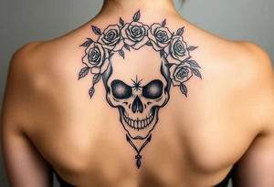 ornate skull adorned with crown of wild roses and thorns tattoo idea