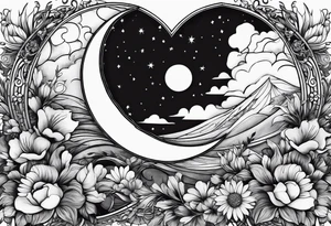 Crescent moon with a heart inside, shrouded by beautiful flowers with wisps of mist tattoo idea