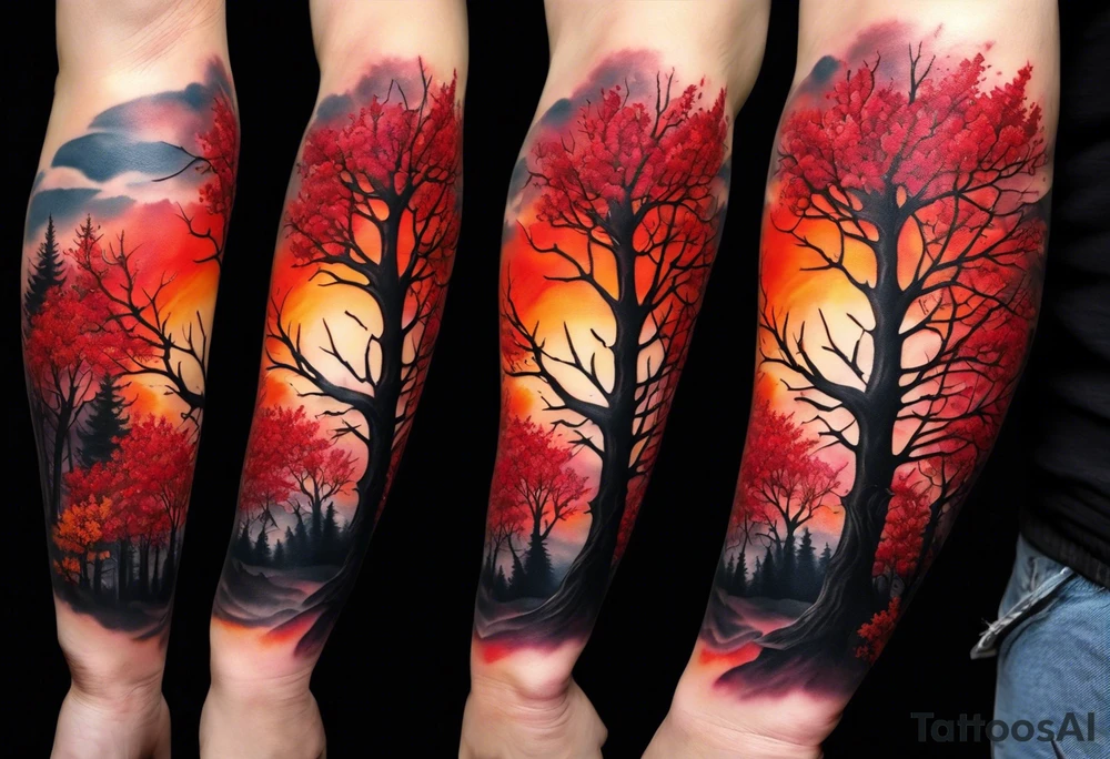 Arm tattoo. Long tattoo. Full sleeve. Shoulder. A single large maple tree with red autumn leaves that branches upwards from wrist to shoulder. White-throated dipper bird on the trees branches. Calluna flowers at the base of the trees stem. Tree stem has dark colors. Red/yellow sunset behind the trees stem. Leaves falling. tattoo idea