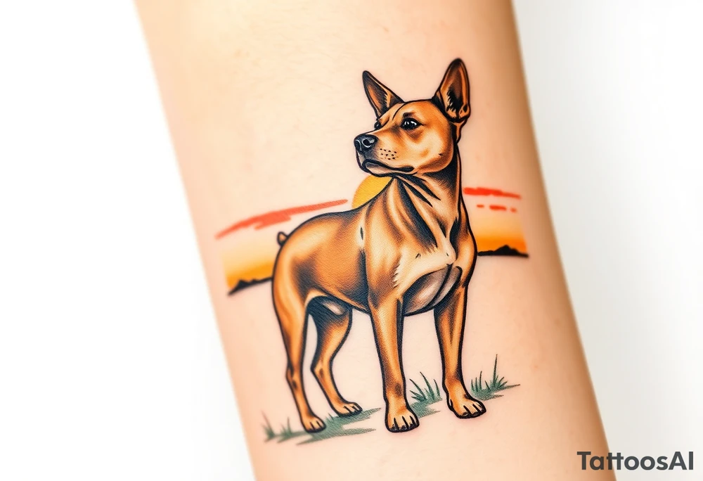 a mertle austrailian cattle dog with a tan pitbull standing look out into thee sunset tattoo idea