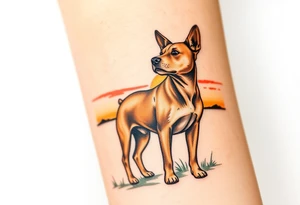 a mertle austrailian cattle dog with a tan pitbull standing look out into thee sunset tattoo idea