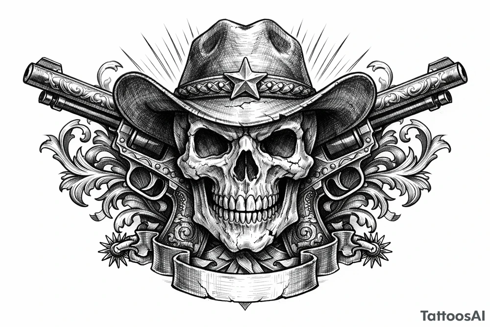A skull in a cowboy hat, pistols emerging from the sides, detailed Western engraving. tattoo idea