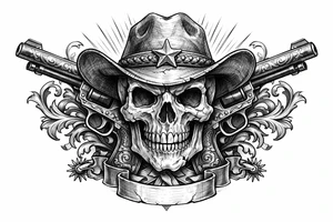 A skull in a cowboy hat, pistols emerging from the sides, detailed Western engraving. tattoo idea