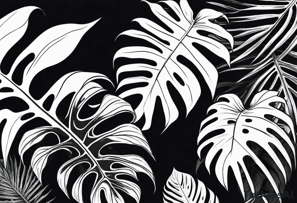 Tropical leaves with foliage monstera and Alocasia line work sleeve tattoo idea