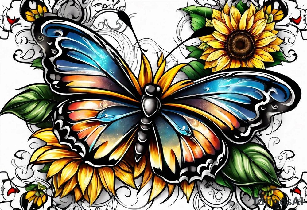 Wing cross with sunflower and butterflies tattoo idea
