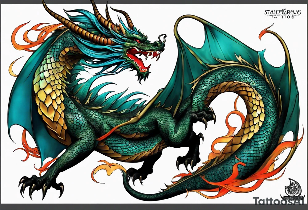 An epic floating asian dragon. Its long body coiling dynamically, with scales and horns detailed to create a sense of movement and strength. The dragon's color is giving a vibrant depth and a mystical aura. This tattoo highlights the dragon’s fierce expression and sharp claws. tattoo idea