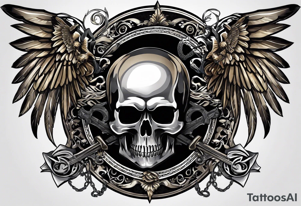 In the center is a skull pierced by a large sword. On either side of the skull, there are spread angel wings, creating an impression of protection and majesty. Beneath the skull is a ribbon that weaves through both the skull and the sword, imparting unity and linking all the elements together. tattoo idea