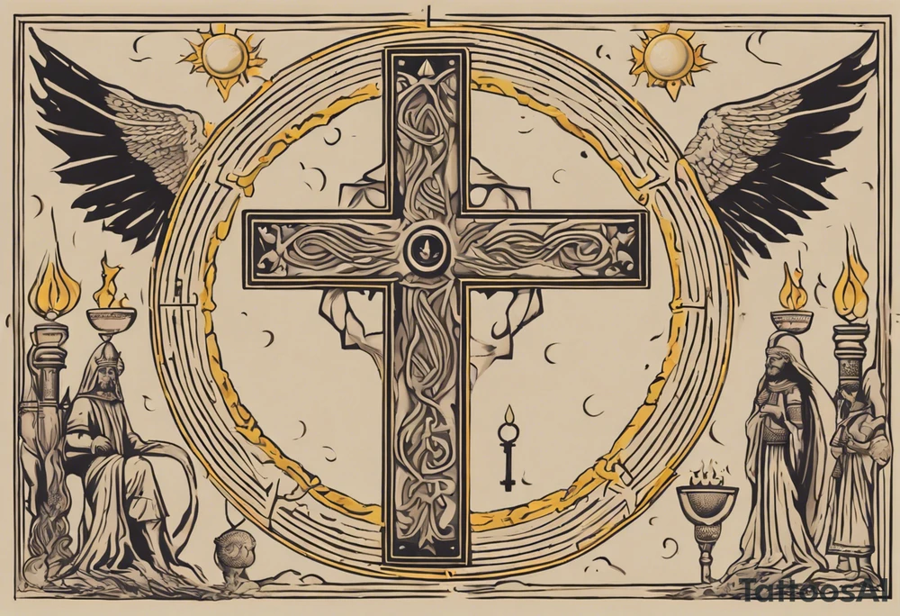 A medieval cross with an assyrian flag in the middle. A crown om top of the cross. The assyrian king Sennacherib. A sun and a moon. A cloud with rain and thunder. charizard. an imperfect cirkle. a candle. a swan. lemons. the god asshur with wings. an ankh. angel wings with a halo. surrounded by olive branches and feathers. all black and white. no shadowing. tattoo idea
