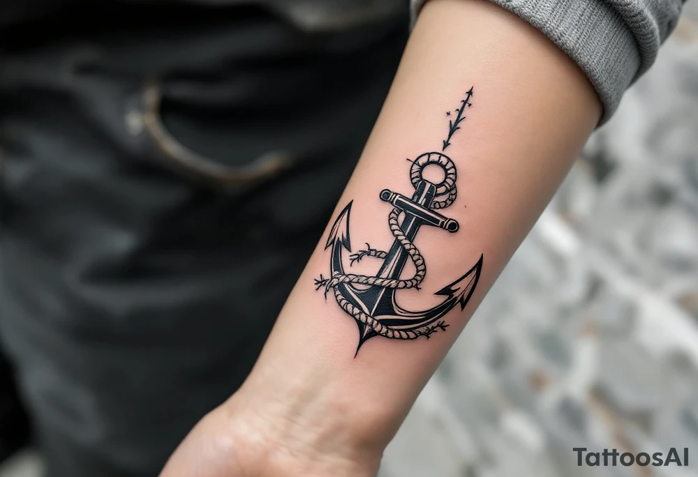 weathered anchor wrapped in nautical rope with sea waves tattoo idea