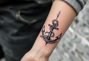 weathered anchor wrapped in nautical rope with sea waves tattoo idea