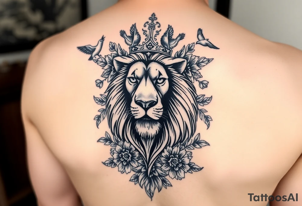 powerful majestic lion with a crown, surrounded by floral ornaments and birds tattoo idea