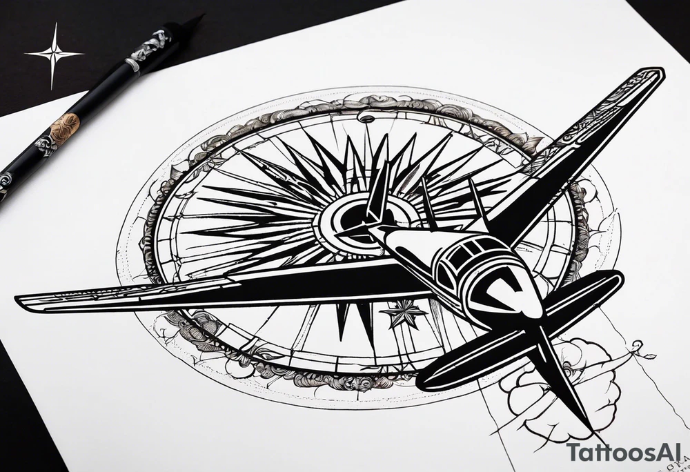 Travel themed for thigh, compass rose with tiny jet plane tattoo idea