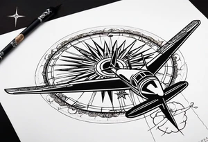 Travel themed for thigh, compass rose with tiny jet plane tattoo idea