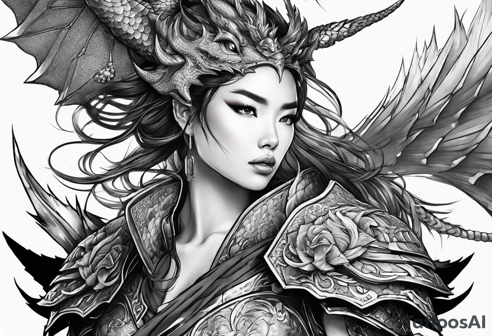 beautiful warrior woman wearing dragon armor and a dragon flying tattoo idea