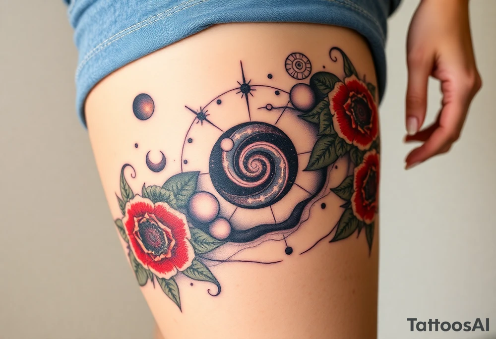 Milky way galaxy with planets with zodiac symbols and protection runes with red roses and sunflowers tattoo idea