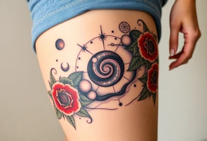 Milky way galaxy with planets with zodiac symbols and protection runes with red roses and sunflowers tattoo idea