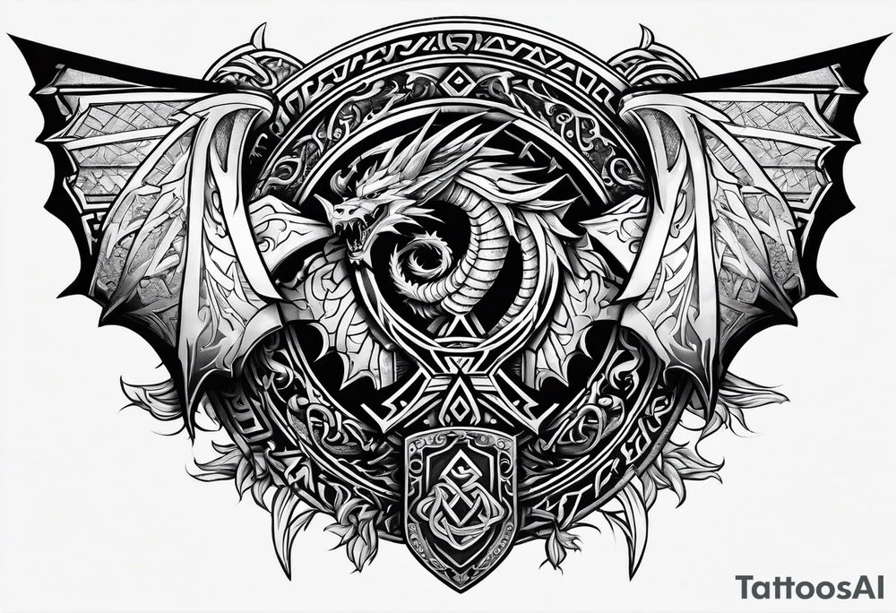 Valhalla sword shield dragon axe Valknut tattoo idea
