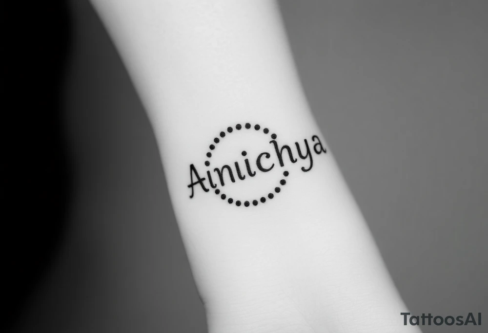 Create a tattoo that writes the Hindi word "Anichya" with A circle or spiral, which represents the cyclical nature of life and death tattoo idea