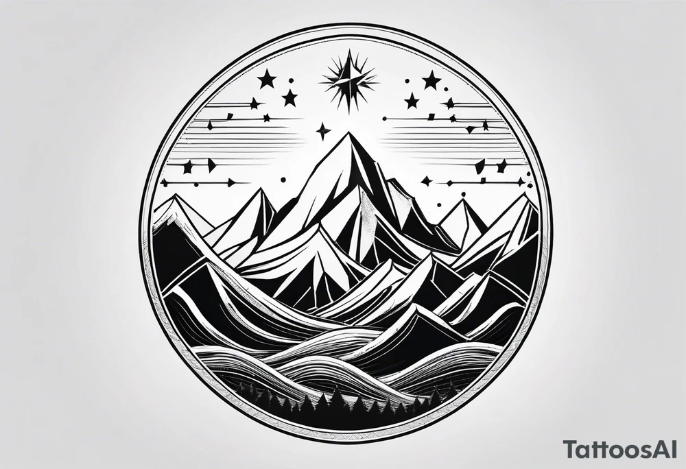 Mountain Massif, one Peak, only peak surrounded woth semi circle dashed Line, in semi circle two littel fine Stars, waves overlapping in Side, Open geometrical Forms Like Diamond with Open lines tattoo idea