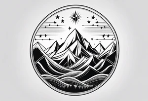 Mountain Massif, one Peak, only peak surrounded woth semi circle dashed Line, in semi circle two littel fine Stars, waves overlapping in Side, Open geometrical Forms Like Diamond with Open lines tattoo idea