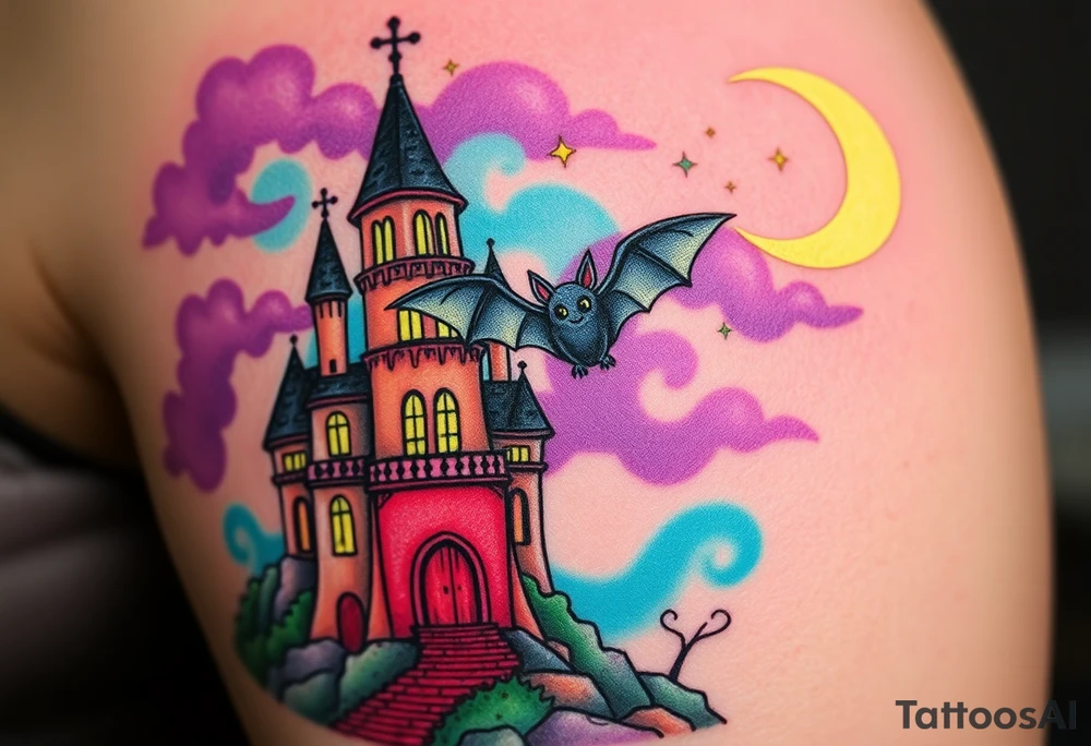 Tim Burton’s sleeping beauty’s haunted castle is abandoned and dripping with muted reds, dusty pinks, and eerie green glow.purple and cyan smokey clouds swirl in the crescent moonlit sky thats sprinkled with kawaii stars underneath the castle an adorable bat spreads its wings to take flight in the style of angelo parente tattoo idea tattoo idea