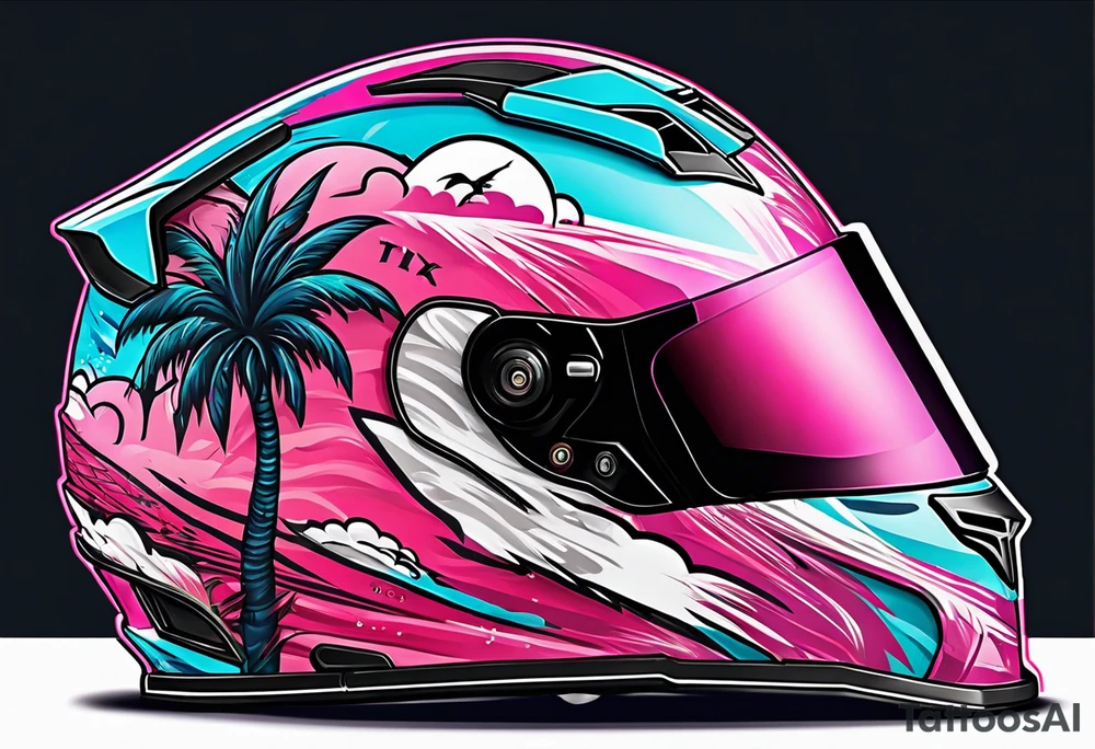 formula 1 helment with a palm tree and black light blue and pink colors tattoo idea