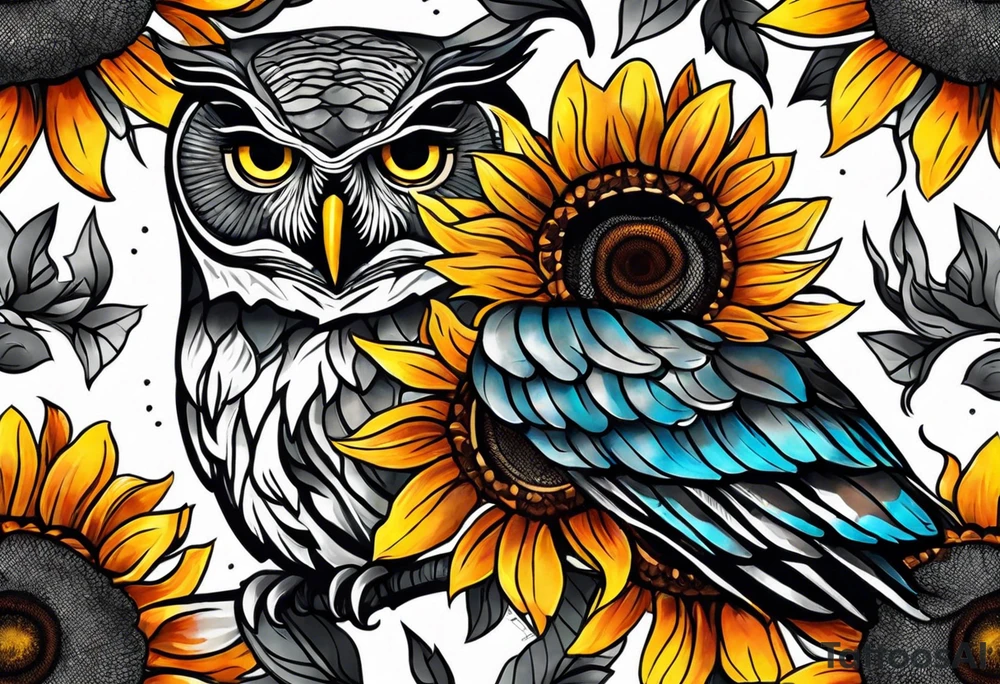 Arm sleeve with colorful sunflowers and an owl tattoo idea