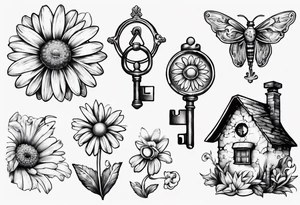 Daisy and house and key tattoo idea