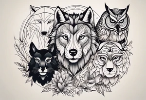 A composition with a Wolf, a lioness and an owl in very simple style and a beautiful colored background. tattoo idea