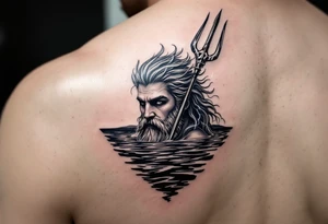 neptune with trident half way in calm water with lightning tattoo idea