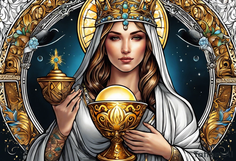 woman saint holding chalice surrounded by golden halo tattoo idea