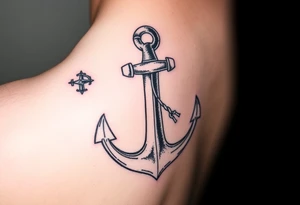 weathered anchor wrapped in nautical rope with sea waves tattoo idea