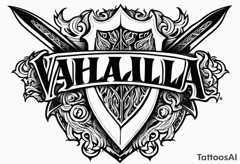 Valhalla flames shield sword tattoo idea