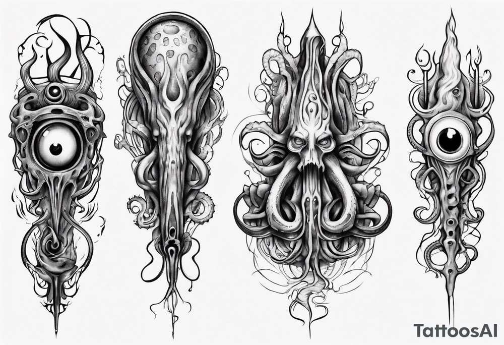 lovecraft long tattoo to put on the forearm, with eye and tentacle tattoo idea