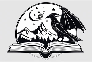 an open fantasy book. a flying dragon. A pawn. a sword with a bee. A raven. Stars and crescent moon with mountains tattoo idea