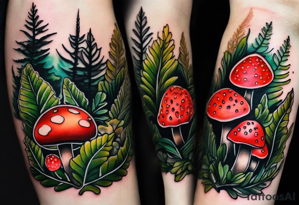 minimalistic forest floor inspired tattoo, which includes grass, curly ferns and dead leaves as the bulk of the tattoo. details to include: three  tiny strawberries, couple of very small mushrooms, a tiny bumblebee flying nearby tattoo idea