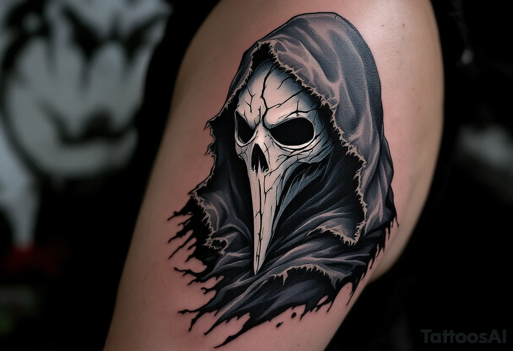 Plague Doctor with Broken Mask – A sinister plague doctor with tipical mask and a fractured porcelain-white mask, revealing hollow darkness beneath. The robes are dark gray with frayed edges, giving the figure an eerie, ghostly presence. tattoo idea